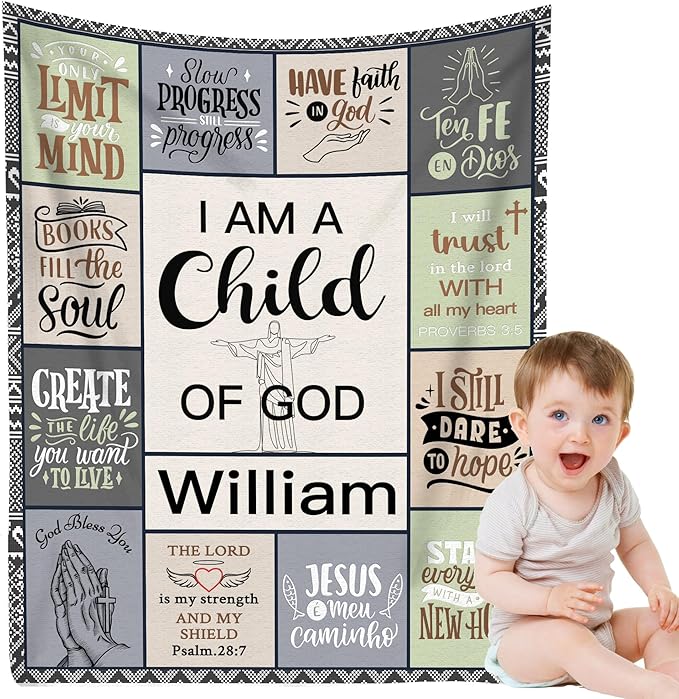 Personalized Baby Blanket with Name Christian Gift - Plush Baptism Blanket with Scripture Quote Swaddle Bible Verse for Newborn Boys Birthday Christmas Christening Godchild