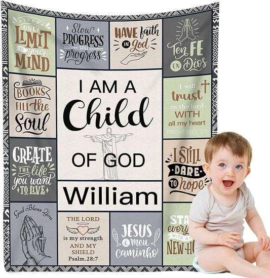 Personalized Baby Blanket with Name Christian Gift - Plush Baptism Blanket with Scripture Quote Swaddle Bible Verse for Newborn Boys Birthday Christmas Christening Godchild
