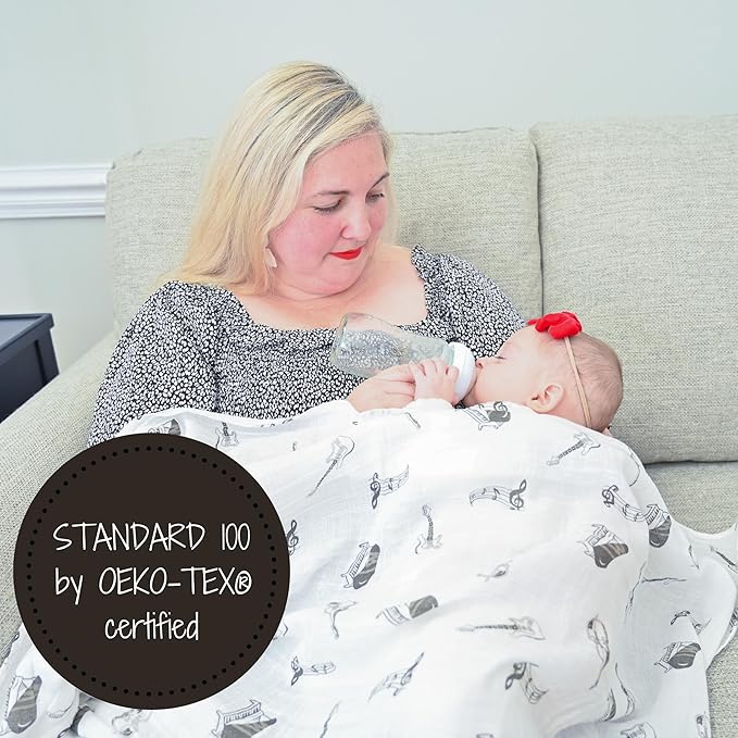 LollyBanks Muslin Swaddle Blankets for Boys and Girls, 100% Cotton Baby Blanket, Large 47 x 47 Inches Soft and Breathable Swaddles for Newborns, Baby Essentials, Registry (Music Instrument Print)