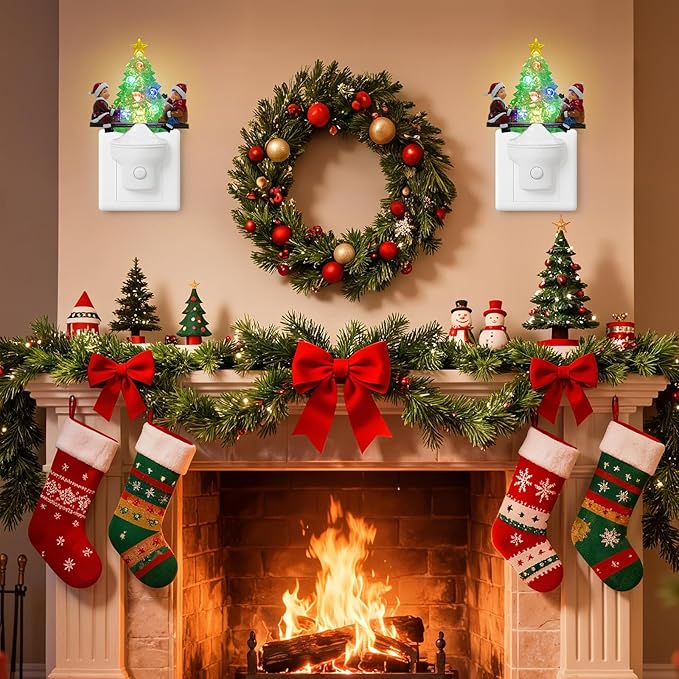 Christmas Night Light Plug into Wall Nightlight with USB/Outlet Options, Christmas Tree Decorative Night Light for Bedroom Kitchen Nursery Holiday Decorations Gifts (Seesaw)