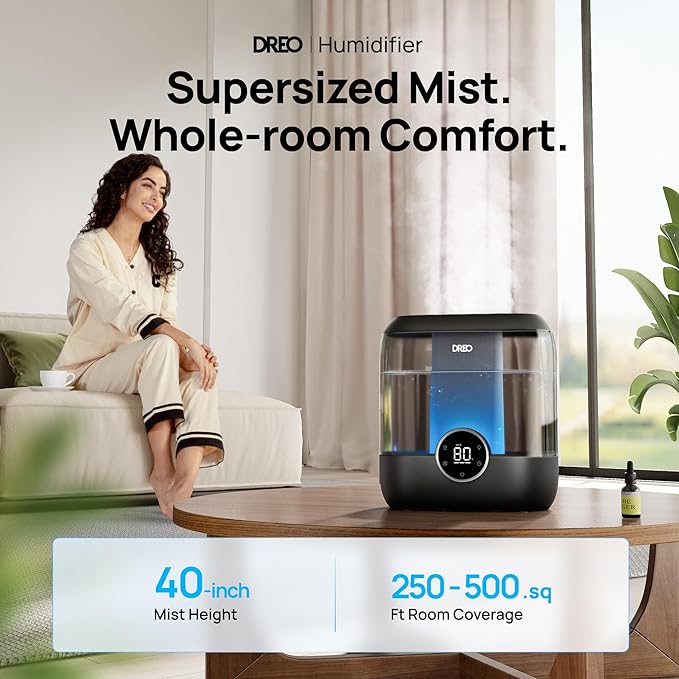 Dreo Smart Humidifiers for Bedroom, 6L Top Fill Supersized Cool Mist Humidifier for Large Room, 60 Hour Runtime, Quiet Ultrasonic Humidifier for Plants, Baby, Indoor, Home, Night Light, Black