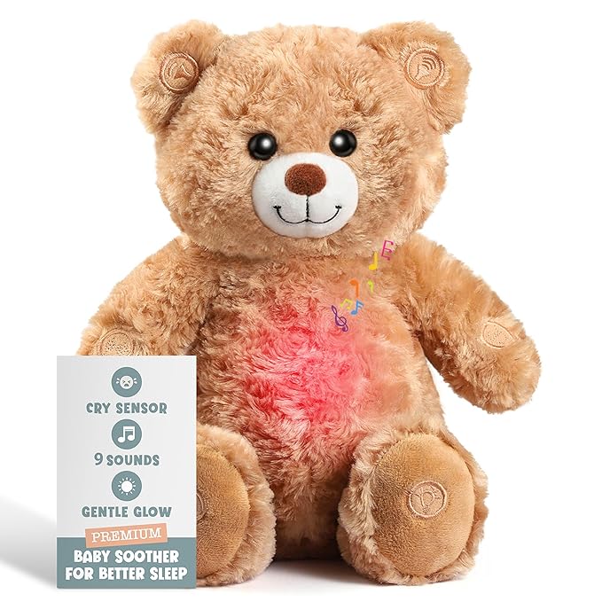 Gemma Joy Baby Sleep Soother Teddy Bear for Baby – Cry Activated Heartbeat Stuffed Animal – Rechargeable Crib Soother with White Noise, Shush, Lullabies & Night Light – Newborn Essentials Must Haves
