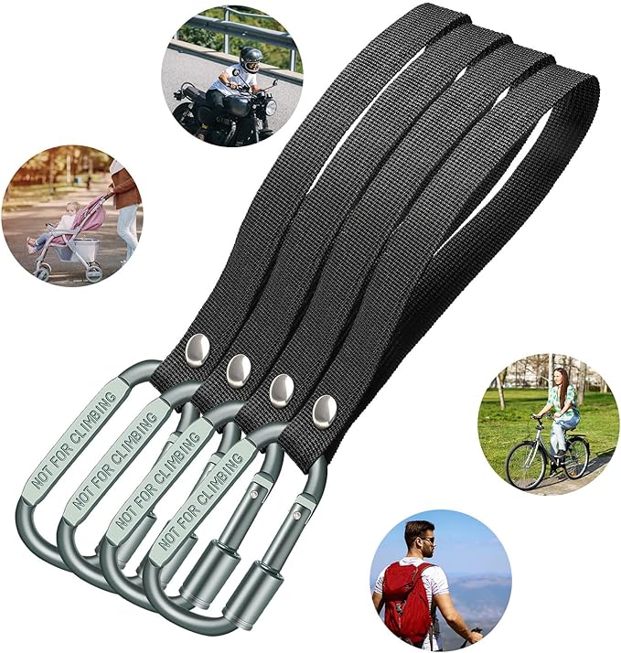 Stroller Hooks for Bags with Locking Stroller Carabiner Clip – Heavy-Duty Hooks for Diaper Bags, Groceries, Backpacks on Strollers, Bikes & Shopping Carts (Grey, 4 Pieces)