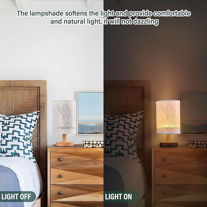 Table Lamp Cute Elephant Baby with Love Heart Valentines Day White Nightstand Lamp with Wood Base Fabric Lamp Shade Bedside Desk Lamp for Living Room Bedroom Kids Room Office