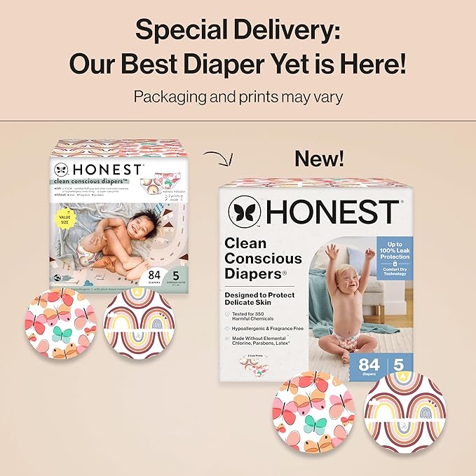 The Honest Company Clean Conscious Diapers for Sensitive Skin, Up to 100% Leakproof Hypoallergenic Fragrance-Free Baby Diapers, Girl Prints, Super Club Box, Size 5 (27+ lbs), 84 Count (Prints Vary)