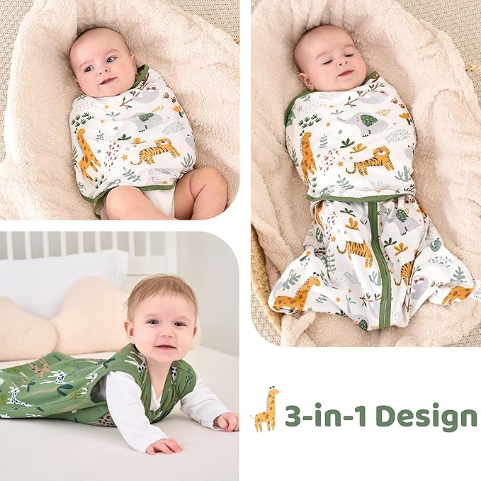 Baby Swaddle Sleep Sack 3-6 Months, Swaddles for Newborns Boy Girl, 3-Way Adjustable Infant Swaddle Wearable Blanket with Zipper & Detachable Wrap, 2 Pack Soft Snug Green Giraffe