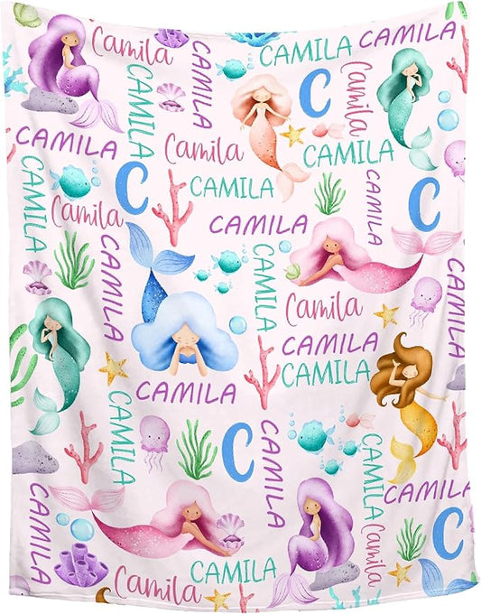 Personalized Mermaid Baby Blanket with Name - Swaddle Blanket for Toddlers, Infants, Kids & Newborns - Nursery Stroller Crib Decor Throw - Birthday Gift
