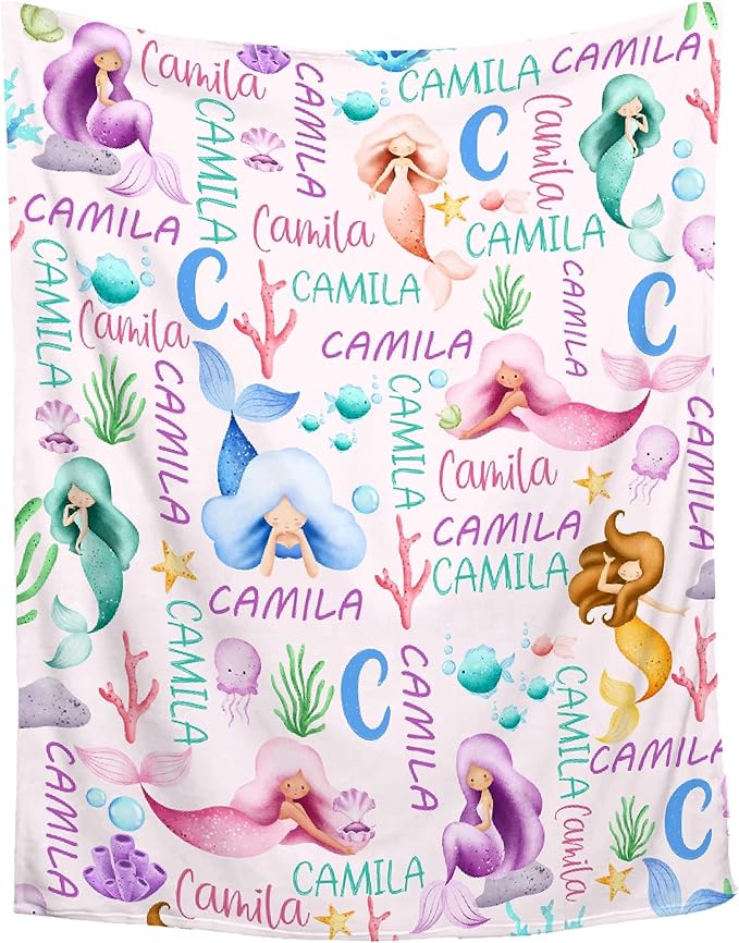 Personalized Mermaid Baby Blanket with Name - Custom Swaddle Blanket for Toddlers, Infants, Kids, Newborns - Nursery Stroller Crib Decor Throw - Birthday Gift