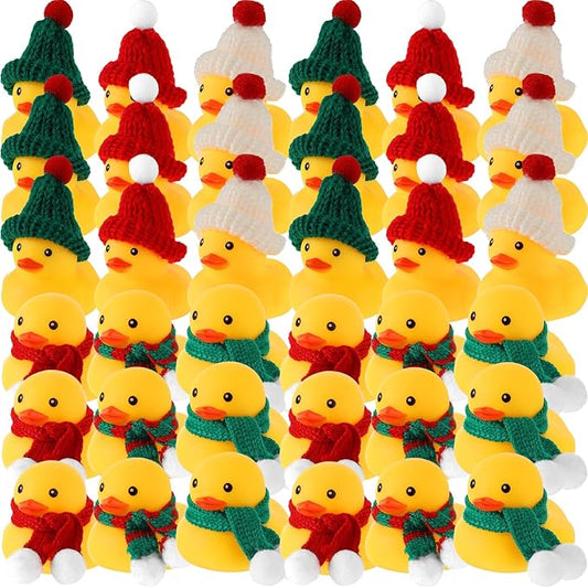 Jerify 72 Pieces Christmas Rubber Ducks with Classic Knitting Hats and Stripe Scarves Mini Cute Yellow Duck for Xmas Swimming Pool Birthday Party Bath Baby Shower