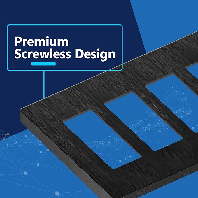 LIDER Brushed Finish Decorator Switch Cover, Screwless Wall Plate, Mid-Size 4-Gang 4.88" x 8.58", Unbreakable Polycarbonate Thermoplastic, UL Listed, LSWP-34M-BBK, Brushed Black