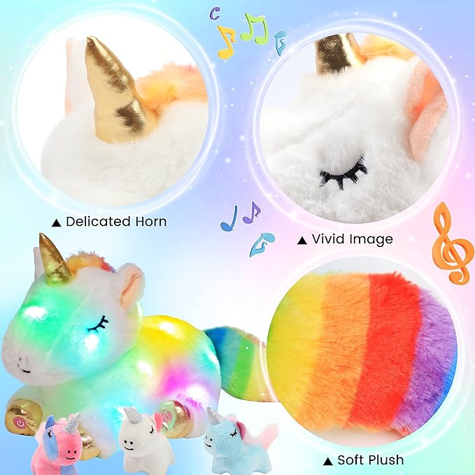 Hopearl LED Musical Stuffed Unicorn Playset Lighting Up Singing Plush Toy Mommy Unicorn with 3 Baby Unicorns in her Tummy Adjustable Volume Lullaby Animated Soothe Gifts for Kids Girls, White, 19''