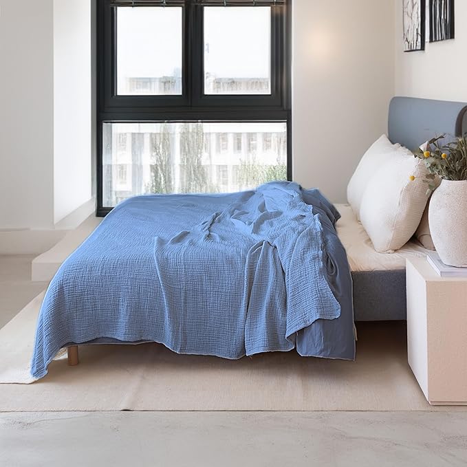 100% Turkish Cotton Muslin Blanket Queen Size 91"x95", 4-Layer Gauze Muslim Soft Light Breathable Blankets for Summer (Indigo, Queen Size: 91" x 95")