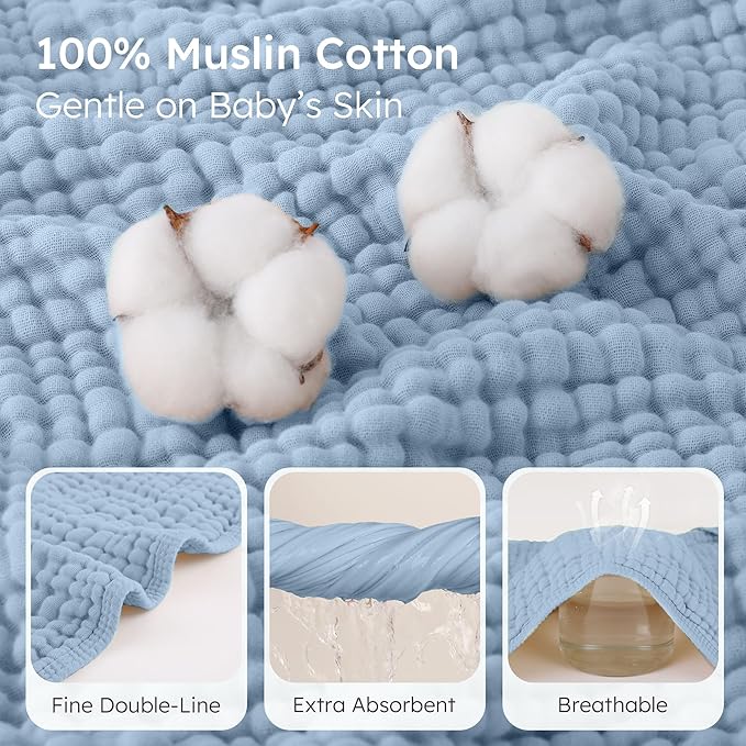 Looxii Baby Bath Towels 2 Pack Muslin Hooded Baby Towels for Newborn and Infants, 100% Cotton, Large 32x32Inch, Soft and Absorbent Gradient Blue