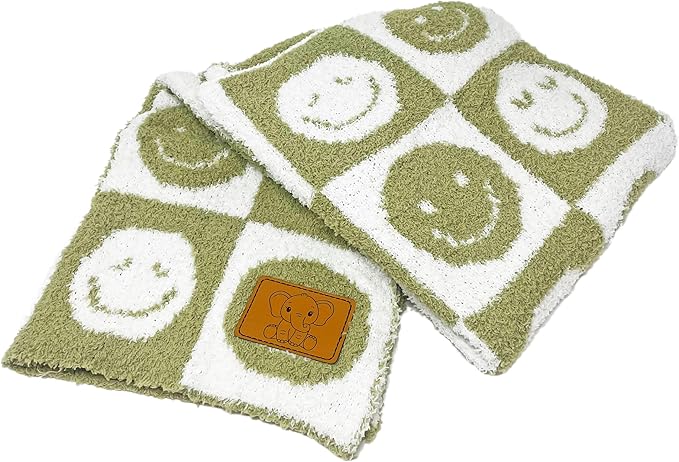 Checkered Smiley Face Baby Blanket 28"x40" - DreamSoft Knit Throw for Crib, Stroller or Car Seat -Receiving Blanket/Newborn Nursery Gift Essential Toddler, Infant, Kids Boys & Girls (Sage Green/White)