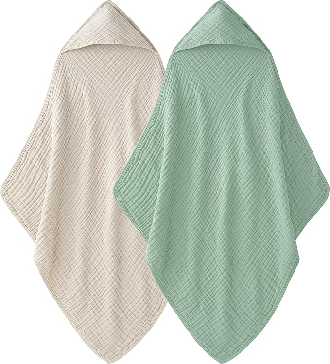 Hooded Baby Towels for Newborn - 2 Pack, 100% Muslin Cotton, Baby Bath Towels with Hood, Soft and Absorbent for Boys, Girls Infant, Toddler and Kids, Large 32x32 Inches, Newborn Essential