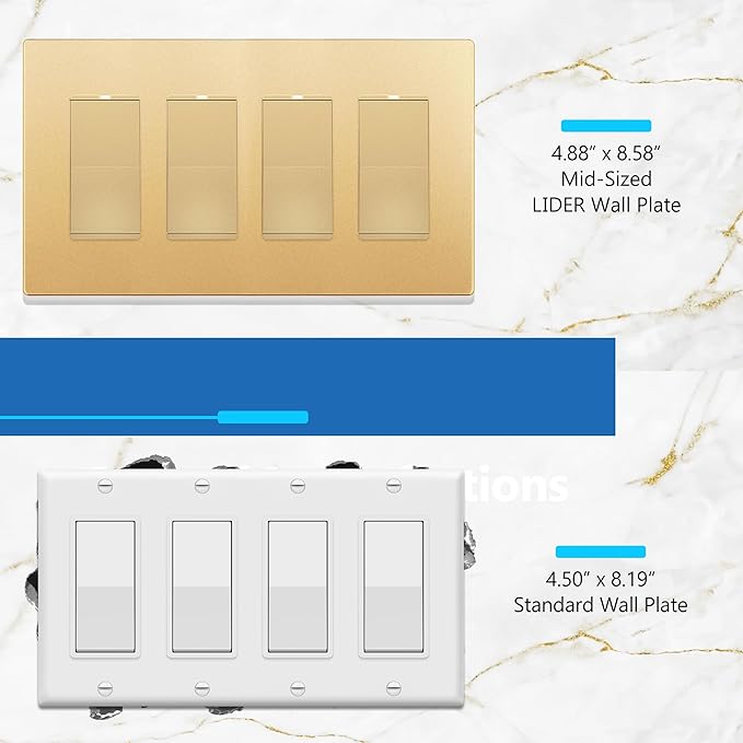 LIDER Matte Finish Decorator Switch Cover, Screwless Wall Plate, Mid-Size 4-Gang 4.88" x 8.58", Unbreakable Polycarbonate Thermoplastic, UL Listed, LSWP-34M-GD, Gold