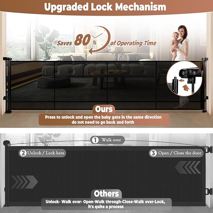 236" Retractable Baby Gate Extra Wide, 41" Tall Retractable Dog Gate for Stairs, Doorways, Decks, Mesh Gate Long Child Gate Pet Gate for Indoor, Outdoor, with Reinforced Mesh Rods, Dual Locks