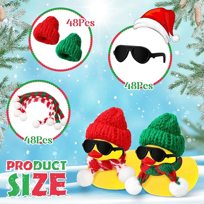 Syhood 48 Sets Christmas Mini Rubber Duck Bulk with Sunglasses Scarf Hats and Adhesive Dots Duckies Bath Toy Xmas Decor for Christmas Winter Gift Cruise Birthday Party (Classic Hat)