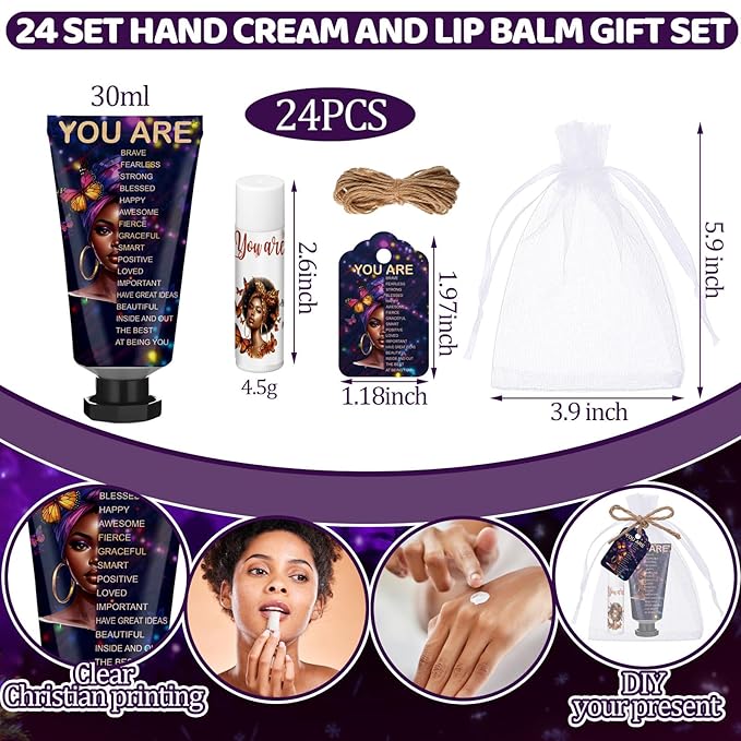 24 Sets Christian Hand Cream and Lip Balm Gift Set Christmas Christian Gift for Women Travel Size Hand Lotion Bible Verse Lip Balm Bulk for Baby Bridal Shower Mom Holiday (African American)