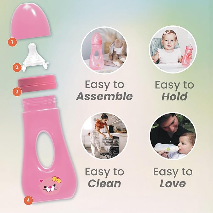 Avima Easy Grip Anti Colic Baby Bottles, BPA Free, 8 oz. Wide Neck w/Medium Flow Silicone Nipples & Bottle Brush Pink Set (Pack of 3)