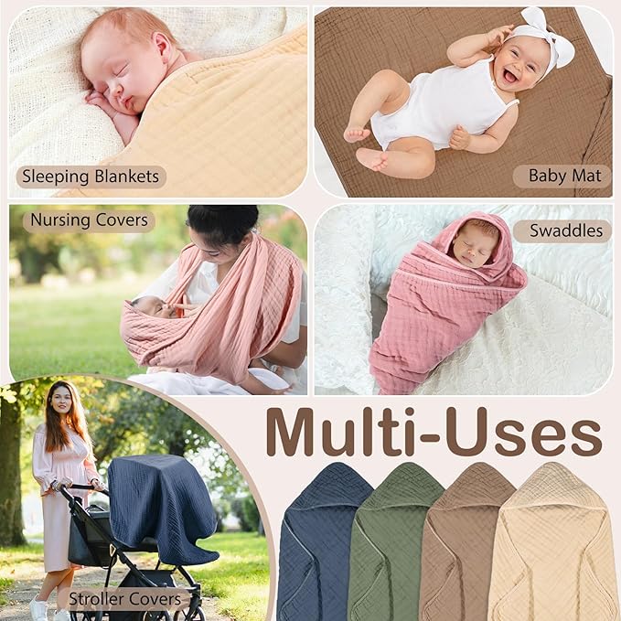 Peryiter 4 Pcs Muslin Hooded Baby Towels, 32"x 32" Cotton Newborn Bath Towel Muslin Infant Baby Blankets Absorbent Unisex Christmas Registry Gift Essentials for Girls Boys (Green)