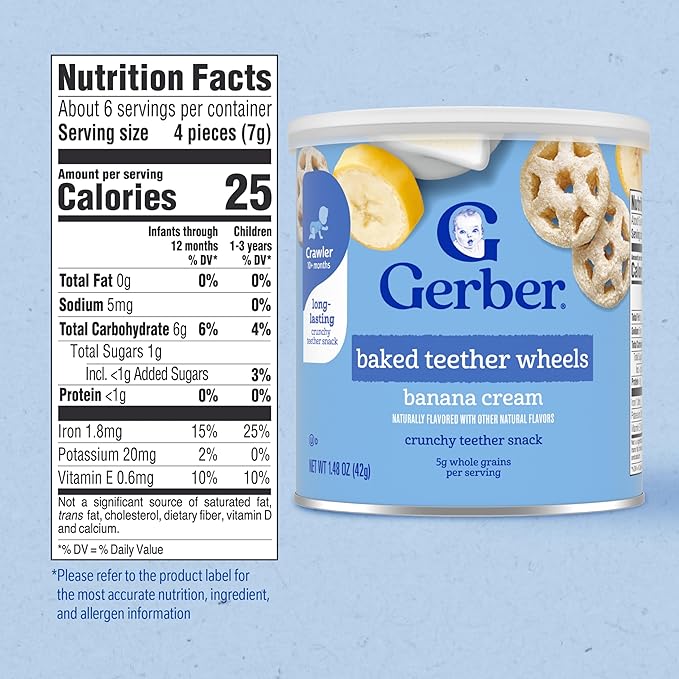 Gerber Baked Teether Wheels, Banana Cream Crunchy Teether Snack, Baby Crackers, 6PK