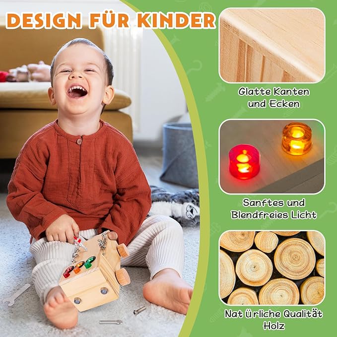 Busy Board,Montessori Screwdriver Board Set for 2-6 Years Old,Montessori Busy Board with LED Light,Wooden Sensory Toys for Boys & Girls,Christmas & Birthday Gift
