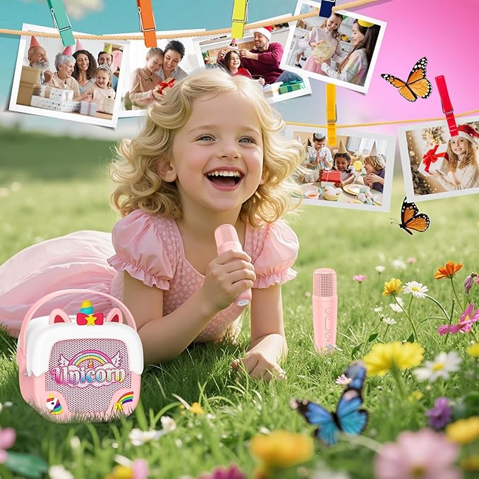 Mini Karaoke Machine for Kids Girls: Unicorn Portable Bluetooth Speakers with 2 Wireless Mic Birthday Gifts for 5 6 7 8 9 10 11 Years Teens Toys for Girls Age 4-6 7 8 9 Years Old Girl Gifts Pink