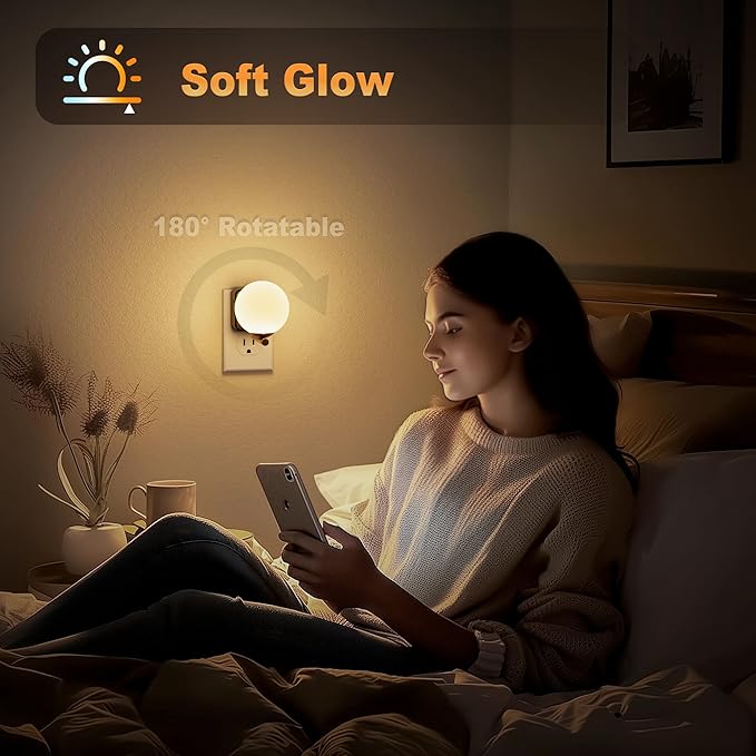 JandCase LED Night Light, 3000K Warm Night Lights Plug into Wall [2 Pack], 0-100LM Dimmable Night Lights with Dusk to Dawn Light Sensor, 180° Rotatable Plug in Nightlights for Bathroom Bedroom