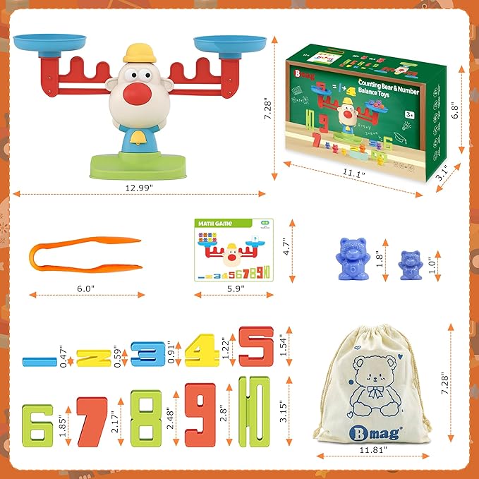 Bmag Balance Math Toys, 3 in 1 Counting Stacking and Balancing Math Learning Game for Kids, STEM Learning Activities Educational Toys with 30 Bears, 10 Numberblocks, 1 Tweezers, 11 Activity Cards