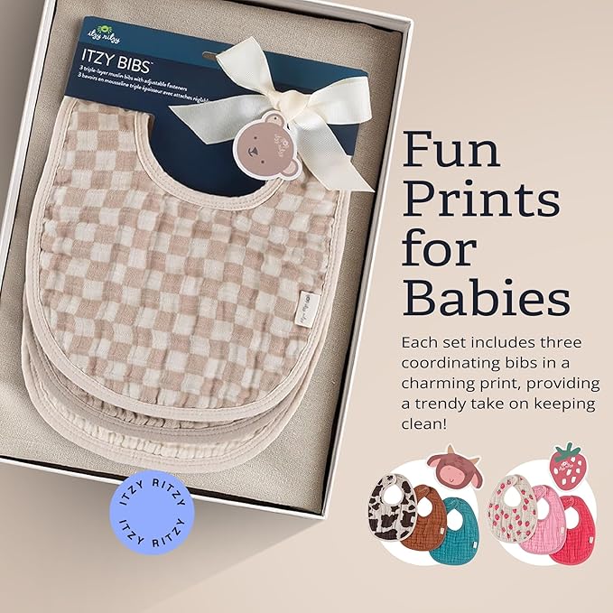 Itzy Ritzy Set of 3 Baby Bibs - Ultra-Soft Adjustable Infant & Toddler Bibs Made of Triple-Layer Cotton Muslin, Ideal for Drooling, Teething, & Eating -3 Stylish, Coordinating Prints (Checkerboard)