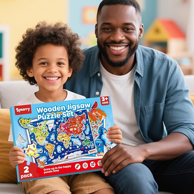 SYNARRY Large USA World Wooden Puzzles for Kids Ages 4-6, Learning United States World Maps Puzles for Kids Ages 6-8, Wood Jigsaw Puzzles Educational Games Toys Gifts for Boys Girls Ages 3-8
