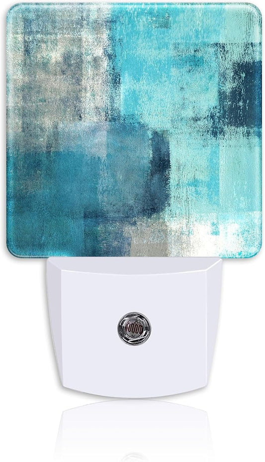 Blue Grey Abstract Modern Painting Night Light Plug into Wall with Dusk to Dawn Sensor Energy Efficient LED Nightlight for Women Girls Boys Room Decor,Hallway,Kitchen,Bathroom,Nursery,Stairs