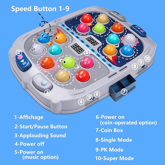 2-Player Whack Game Mole Toy for Kids Ages 3+, 11x15in Early Learning Toy with Lights & Sounds, Interactive Pounding Bench with 9 Speed Levels, Perfect for Families with Multiple Kid of Different Ages