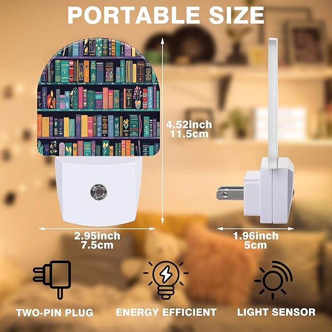 Book Night Light, Bookshelves Night Lights Plug into Wall Dusk to Dawn Sensor Round Nightlight for Women Men Energy Efficient Led Lamp 0.5W for Stairway Hallway Bedroom