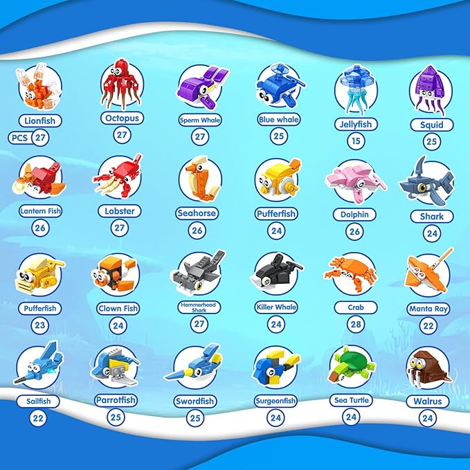 24 Packs Party Favors for Kids, 637 PCS 24in1 Marine Animals Small Fish Toys Mini Building Blocks Set for Goodie Bag Stuffers Classroom Prizes, Easter Birthday Gift for Boys Girls Ages 6-12