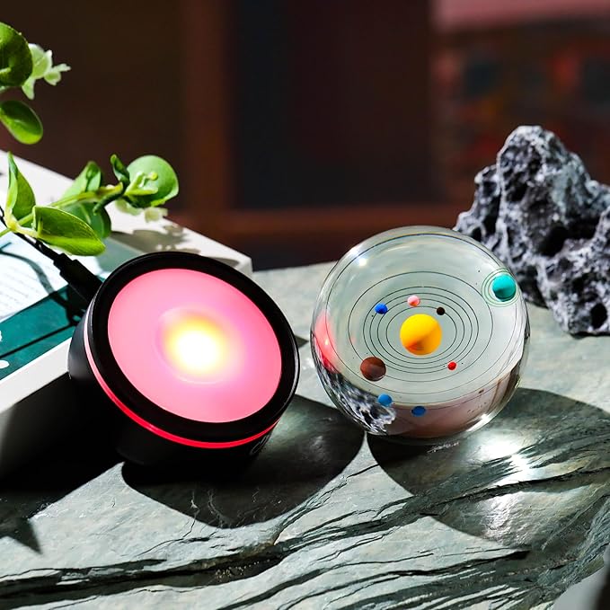 3d Solar System Model Crystal Ball Led Lamp Base - Space Decor World Globe Planets Sphere Night Light 80mm 3.15 Inch - Solar System Decor Best Birthday Astronomy Gifts For Men Physics Science Teacher