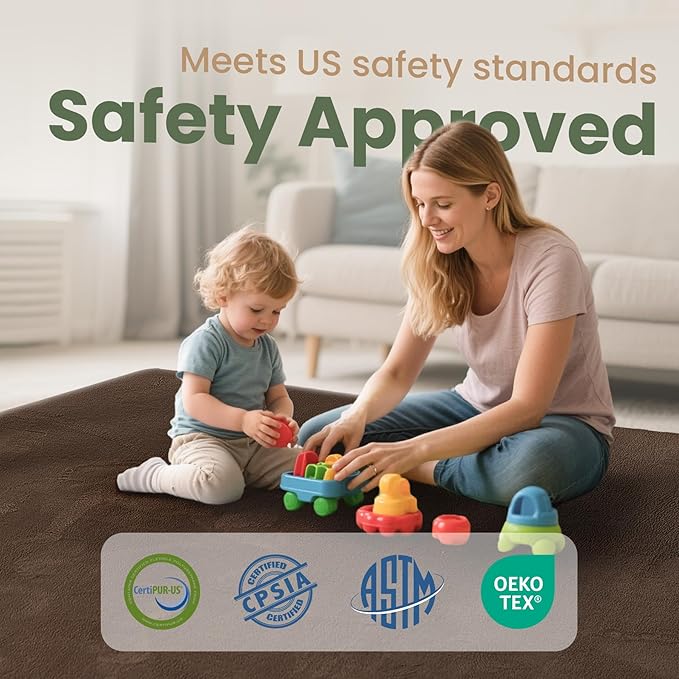 Baby Play Mat for Floor,1.3" Thick Elasti-Foam 50"×50" Playpen Mat for Tummy Time,Water Repellent Soft Coral Velvet for Toddler,Infant,Kids,Non-Slip Backing Safe for Crawling(Dark Brown)