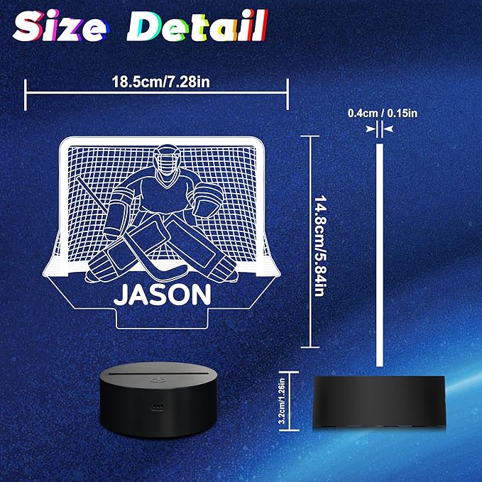 Customized Ice Hockey Night Light, 3D LED Optical Illusion Lamp with Remote Control and Timer, Perfect Christmas and Birthday Gift Idea for Boys, Kids, and Teen