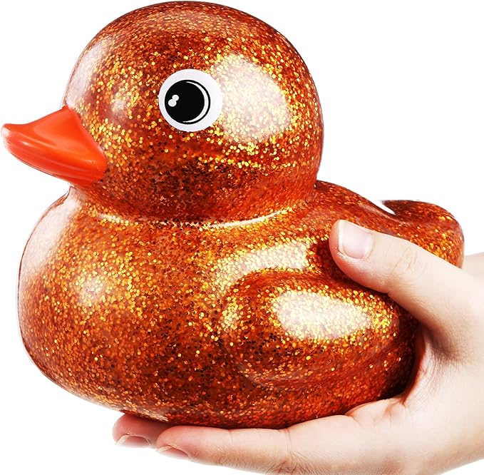 Honoson 6.89 Inch Giant Glitter Rubber Duck Big Glitter Rubber Duck Large Sparkly Duckling Bath Toy with Squeaky Sound for Summer Baby Shower Birthday Party Favor Gift(Orange)
