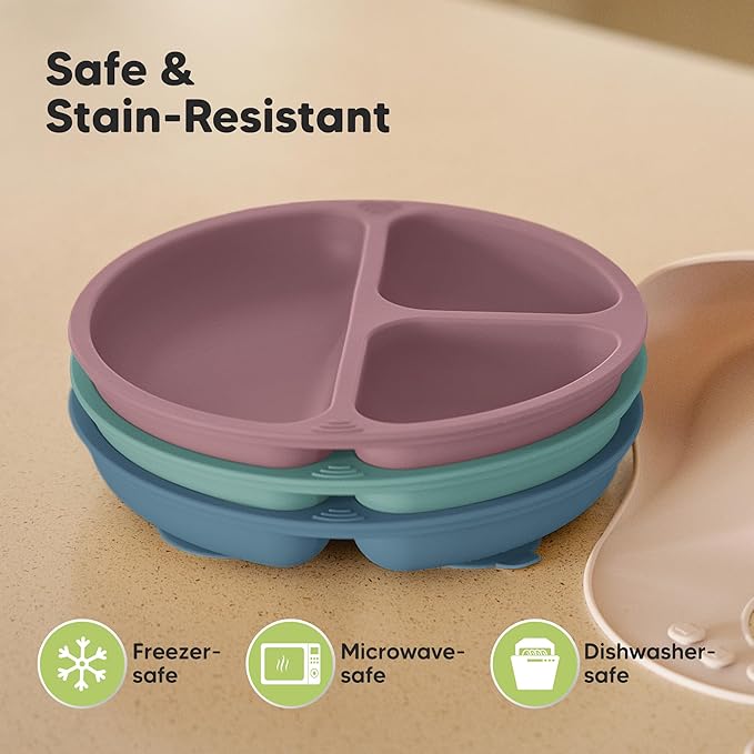 KeaBabies Suction Plates for Baby, Toddler - 3-Pack 100% Silicone Toddler Plates with Suction, Divided, BPA-Free Baby Led Weaning Essentials for Kids, Dishwasher, Microwave Safe, Durable (Quantum)
