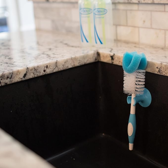 Dr. Brown's Baby Bottle and Nipple Brush Deluxe Cleaner, Soft Touch, and Sponge Brushes, Blue Variety Pack, 3 Count