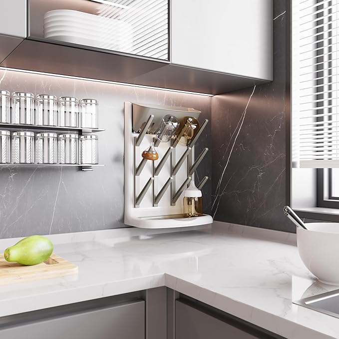 IEEK Baby Bottle Drying Rack,Space Saving Countertop Drying Rack for Baby Accessory & Pump Parts,Suction Cup Wall Mounted Bottle Rack Holder Large Vertical Drying Tower,Grey and White