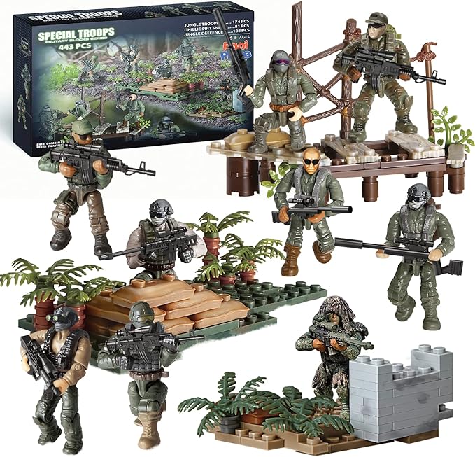 Special Forces US Military Mini Action Figures 3 Army Building Sets 9 soldiers Jungle Troopers Ghillie Suit Sniper Jungle Defence Squad Special Troops Toy10+ Kids & Parents Quality Family Time 443 Pcs