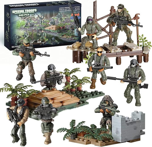 Special Forces US Military Mini Action Figures 3 Army Building Sets 9 soldiers Jungle Troopers Ghillie Suit Sniper Jungle Defence Squad Special Troops Toy10+ Kids & Parents Quality Family Time 443 Pcs