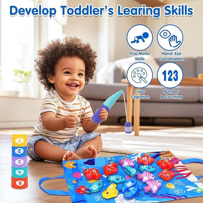 Montessori Toys for 1 Year Old - Cloth Fishing Game with Stacking Cups Toddler Toys for One Year Old Boy Girl First Birthday Gift - Sorting Learning Baby Toy 12-18 Months 1 2 Year Old