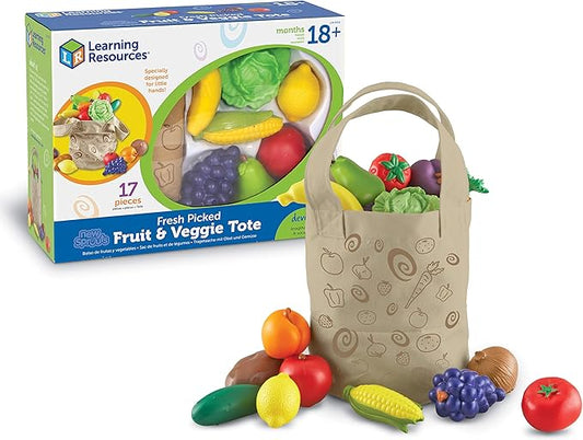 Learning Resources Fresh Picked Fruit And Veggie Tote, 17 Piece, Age 18 months+, Multicolor,8 L x 9 W in
