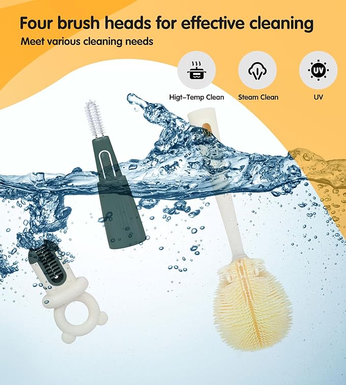 Long Handle Bottle Cleaning Brush Set, 4-in-1 Silicone Baby Bottle Cleaner Brush Kit, Multifunctional Water Bottles Washer for Travel, Baby Bottles, Breast Pump, Spout, Nipple & Straw