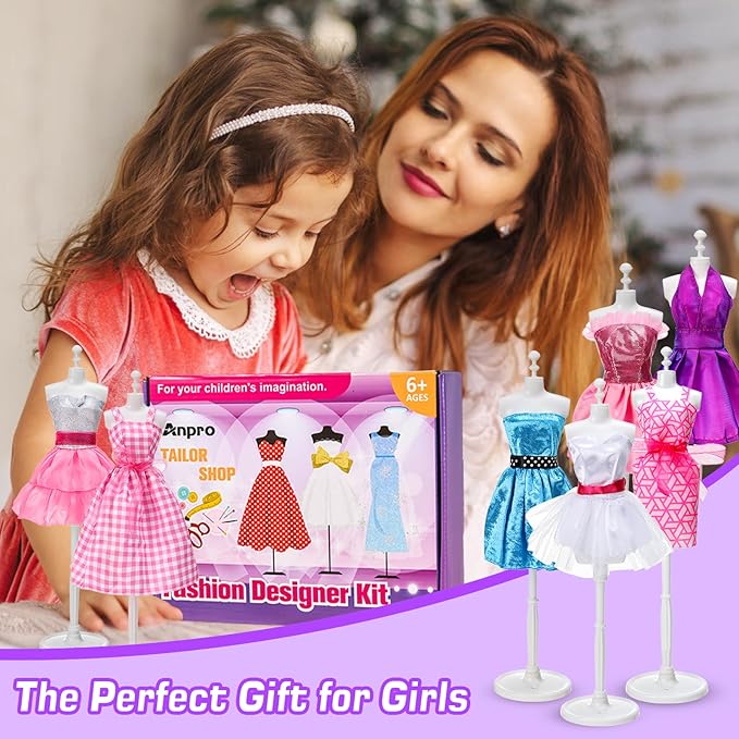 Anpro 650+Pcs Fashion Designer Kit for Girls with 2 Mannequins, DIY Arts & Crafts Kit for Girls Age 6-12 Toys, Doll Clothes Making Sewing Kit -Pink