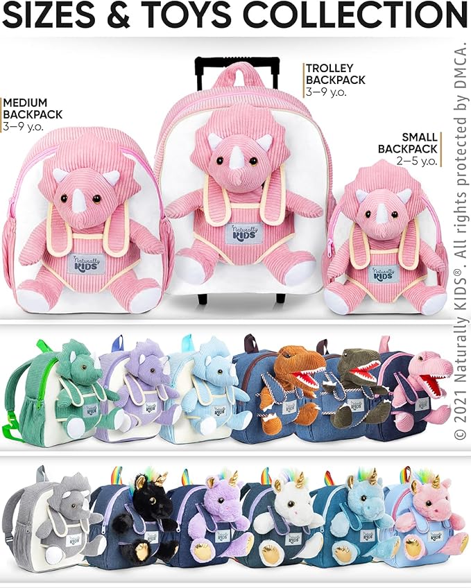 Naturally KIDS Pink Dinosaur Toys for Girls, Triceratops Toy, Dinosaur Gifts for 2 3 Year Old Girls, Toddler Backpack